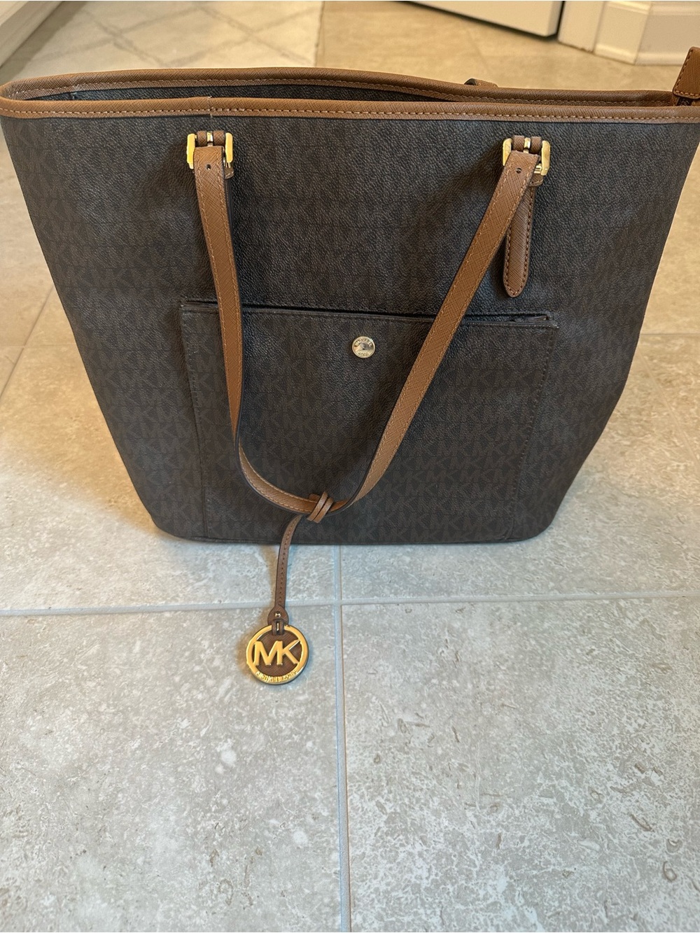 Michael Kors Dark Brown MK Logo Tote with Tan Trim
